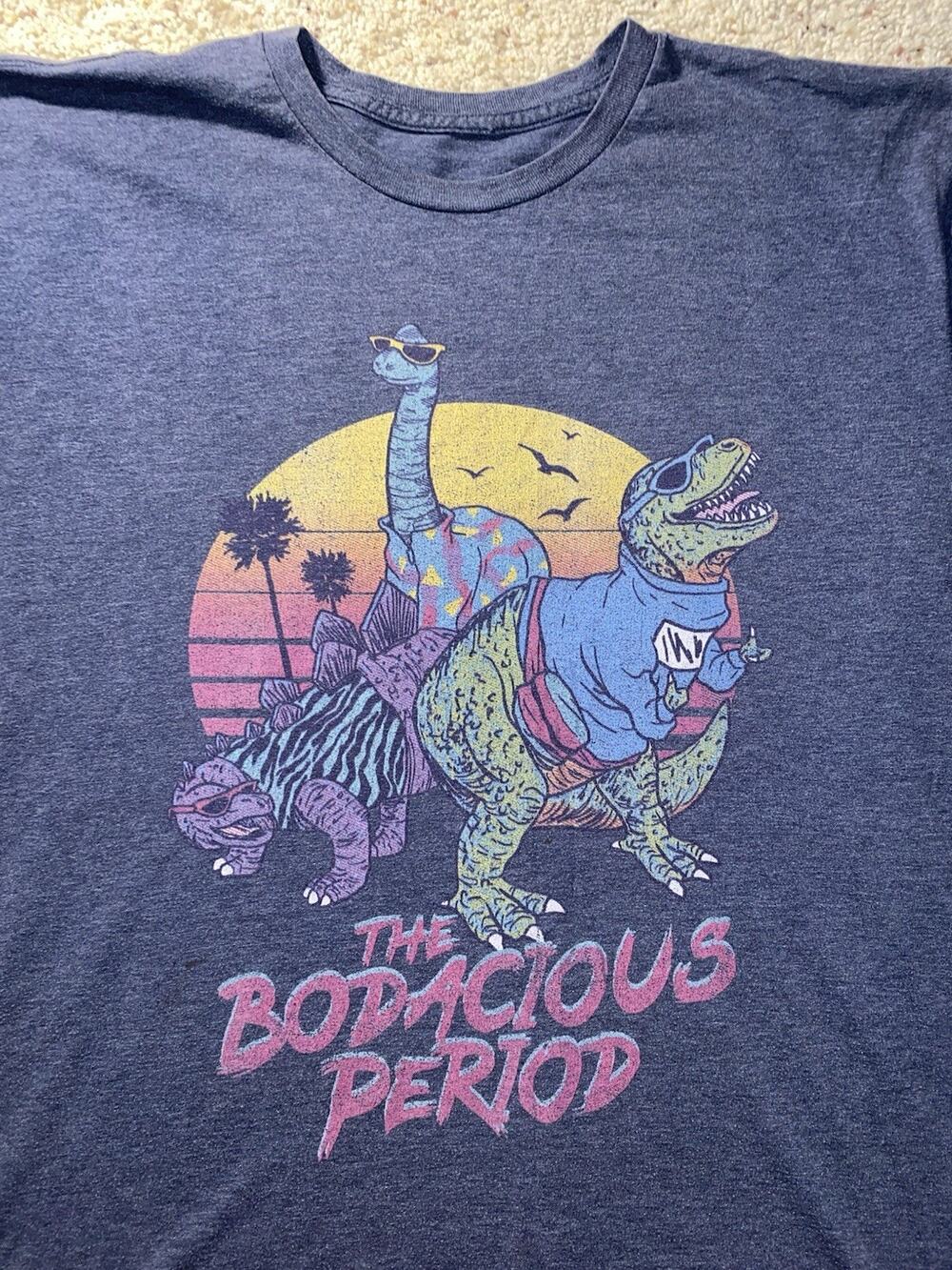 Retro 90s Funny Rock N Roll Dinosaur Adult Large Bodacious Period Tee Shirt